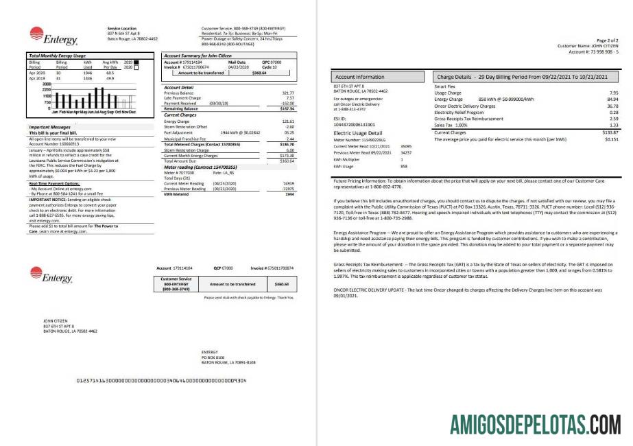 Para baixar modelo de conta de serviço público de eletricidade Entergy dos EUA em formato Word e PDF (2 páginas)